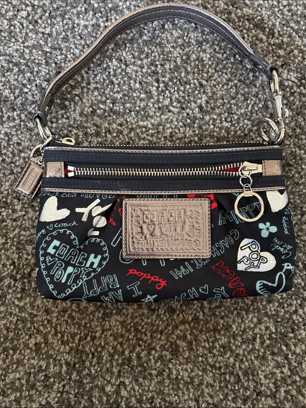 Coach Black Multicolor Canvas Wristlet with Leather Patch